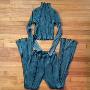 Fashion Nova Teal Ribbed Flare Pants & Jumpsuit Set